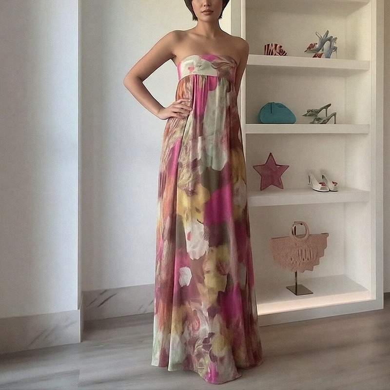 2026 Spring New Cross-Border European And American Women's Sexy Printed Strapless Elegant Commuting Fashion Long Dress_voghion.com