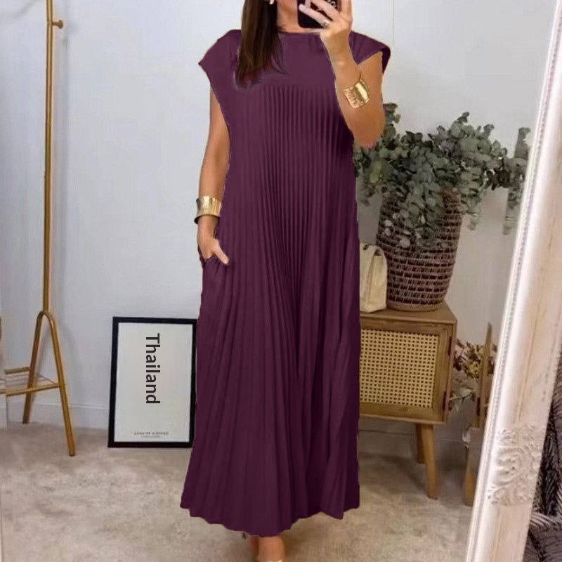 2026 Spring New Cross-Border European And American Women's Elegant Fashion Round Neck Sleeveless Pleated Long Dress_voghion.com