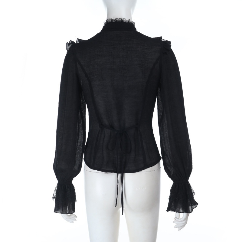Damen Langarmbluse Mit Spitze Und Cut-outs Im Dark Style_voghion.com