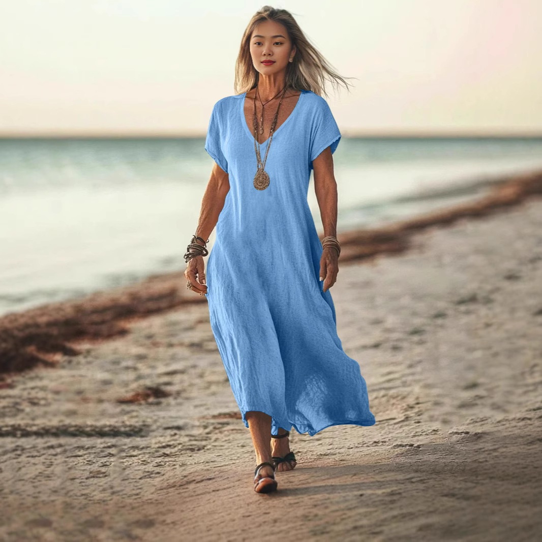 Frühjahr/Sommer 2025 Cross-Border Exklusives Baumwoll-Leinen-Kleid mit V-Ausschnitt, kurzen Ärmeln und lockerem Schnitt – ein lässiges Damen-Urlaubskleid im Cross-Border-Stil_voghion.com