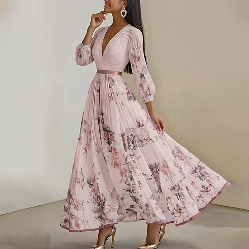Women's V-neck Printed Pleated Long Dress For Plus Size Women_voghion.com