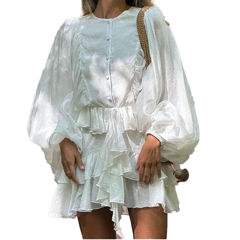 European And American Style Cross-Border Women's Spring French High-Waisted Puff Sleeve Ruffle Short Dress_voghion.com