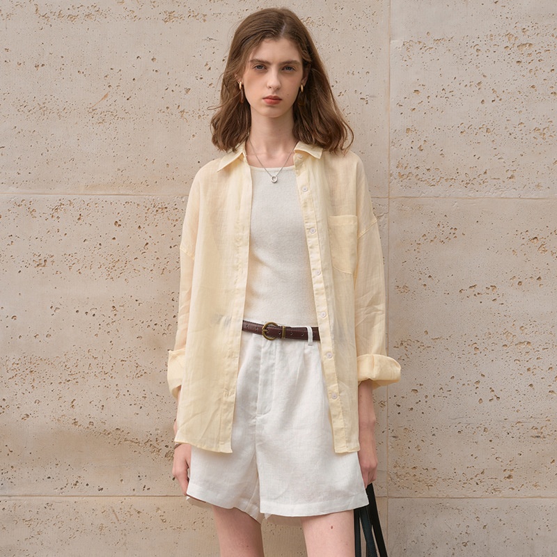 100% Long-sleeve Collared Shirt, Breathable, New Spring/summer Style, Slimming Casual, Light And Airy Women's Ramie Sun Shirt_voghion.com