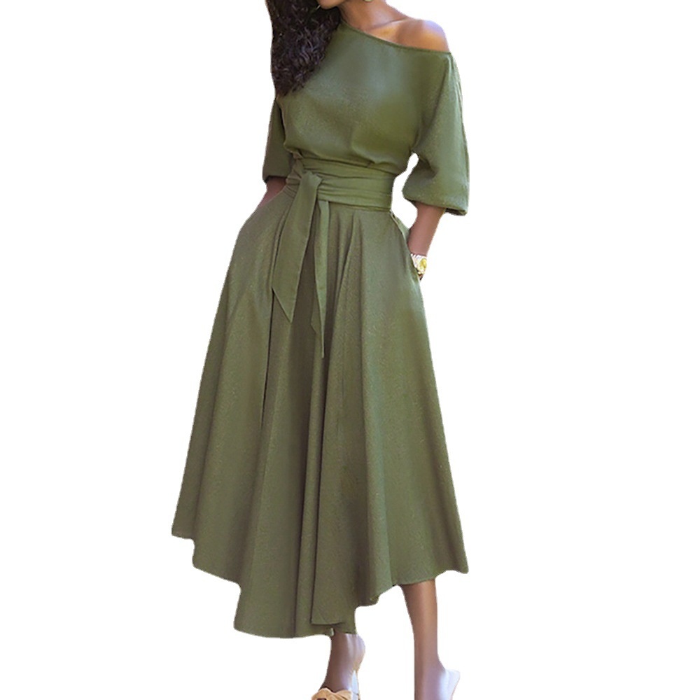 2026 Spring New Foreign Trade Wish European And American Women's Fashion Tie Waist Elegant Asymmetrical Shoulder_voghion.com