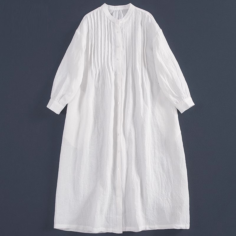 35592025 Spring/Summer Pleated Design Linen Sleeve Versatile Casual White Long Shirt Dress_voghion.com