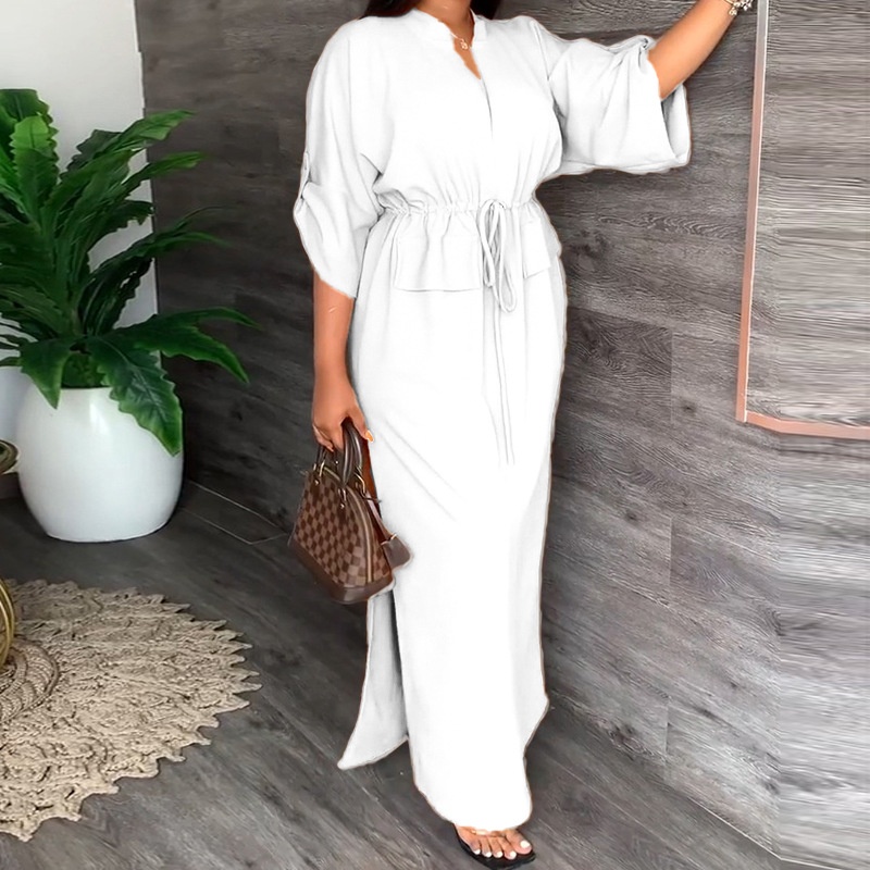 2026 Spring New European And American Cross-Border Women's INS Casual Fashion Stand Collar Slit Long Solid Color Dress_voghion.com