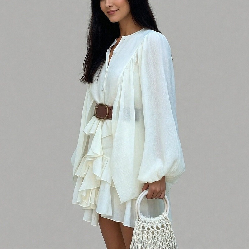European And American Style Cross-Border Women's Spring French High-Waisted Puff Sleeve Ruffle Short Dress_voghion.com
