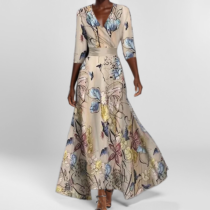 2026 Spring European And American Cross-Border New Elegant Waist-Cinching Slim Fit Printed V-Neck Long Sleeve Dress_voghion.com