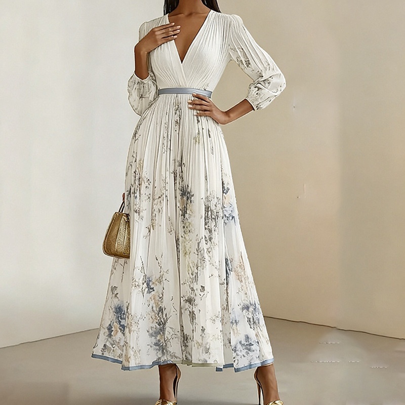 2026 Spring New Women's Clothing European And American Cross-Border Dress V-Neck Printed Pleated Long Skirt_voghion.com