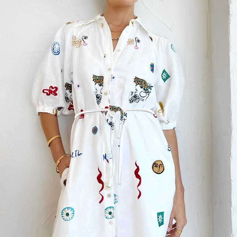 2026 Spring New European And American Women's Fashion Loose Printed Turn-Down Collar Tie Bubble Sleeve Shirt Long Dress_voghion.com