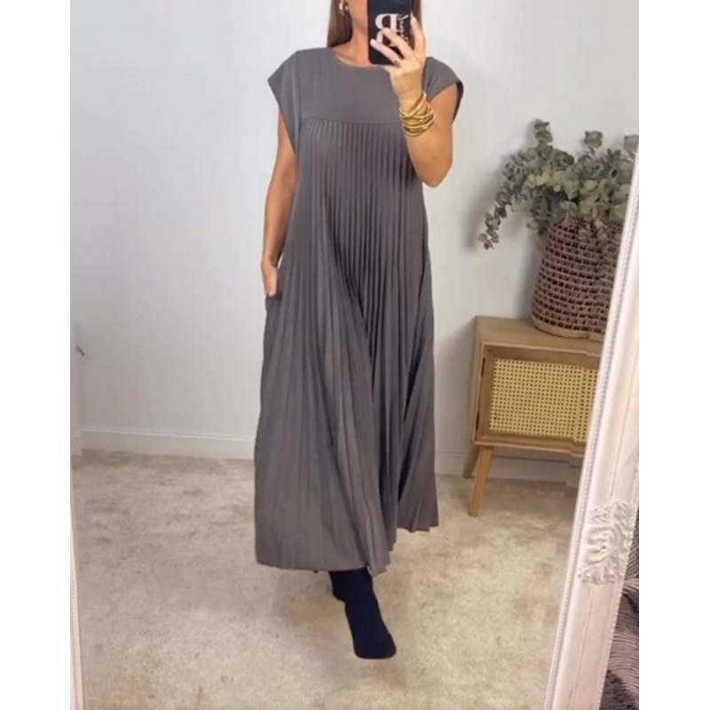 2026 Spring New Cross-Border European And American Women's Elegant Fashion Round Neck Sleeveless Pleated Long Dress_voghion.com