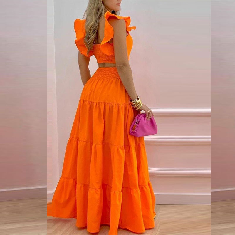 Women's Two-piece Set Solid Colour Ruffle Strap Flared Dress Set_voghion.com