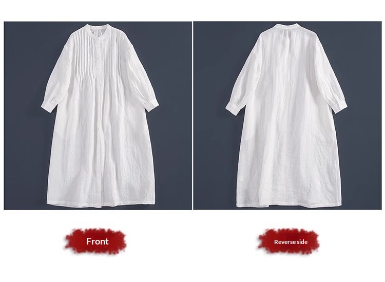 Women's Linen Shirt Dress Pleated Casual Summer Style White_voghion.com