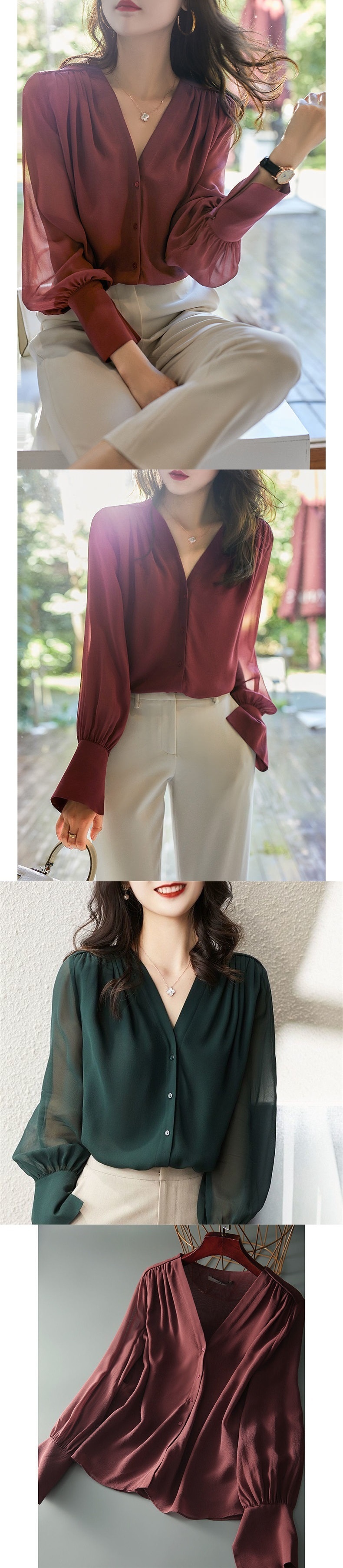 Elegant V-neck Chiffon Blouse For Women Plus Size Spring Autumn_voghion.com