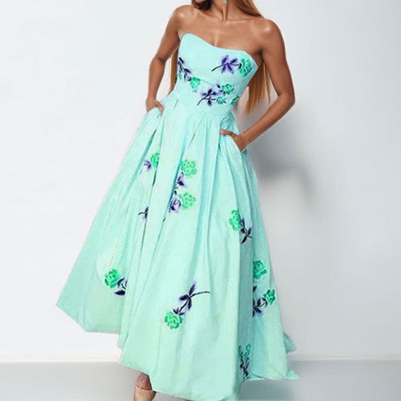 2026 Spring New European And American Women's Fashion Elegant Large Hem Printed Strapless High Waist Dress_voghion.com
