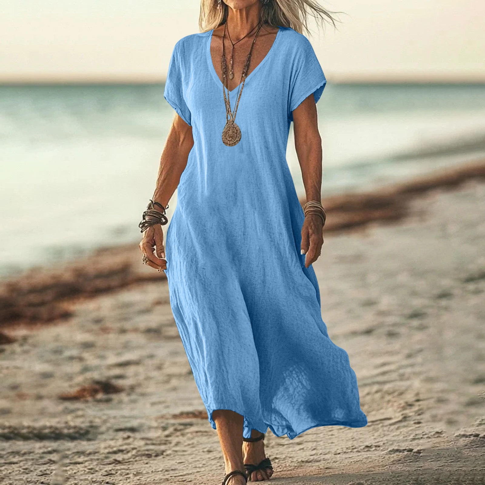 Damen Kleid Aus Baumwoll-leinen Mit V-ausschnitt Und Kurzen Ärmeln_voghion.com