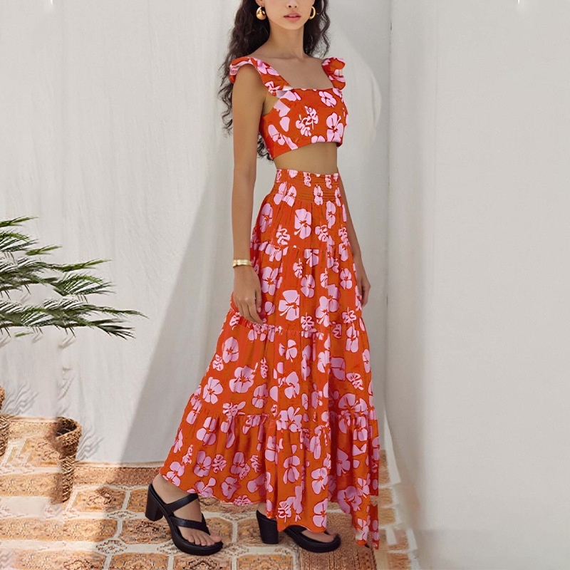 Women's Two-piece Set Solid Colour Ruffle Strap Flared Dress Set_voghion.com