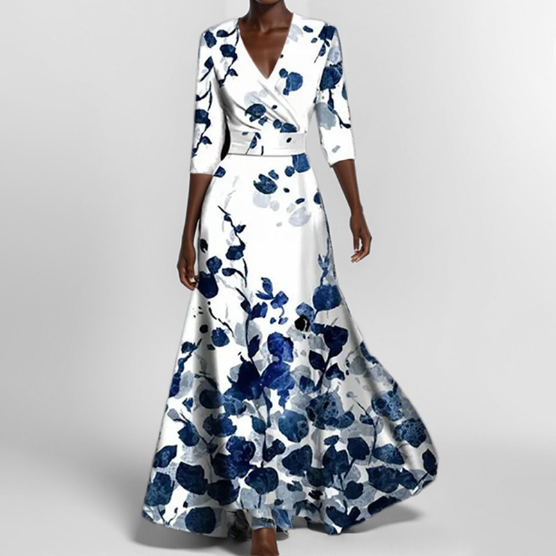 2026 Spring European And American Cross-Border New Elegant Waist-Cinching Slim Fit Printed V-Neck Long Sleeve Dress_voghion.com