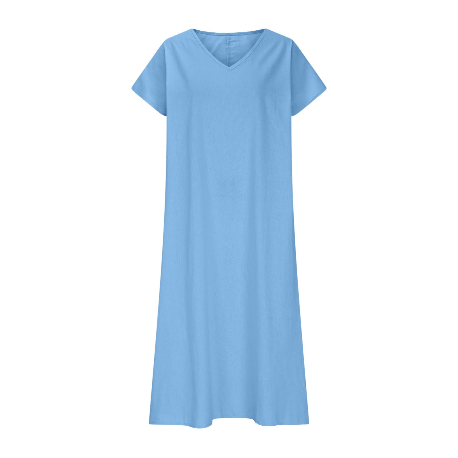Damen Kleid Aus Baumwoll-leinen Mit V-ausschnitt Und Kurzen Ärmeln_voghion.com