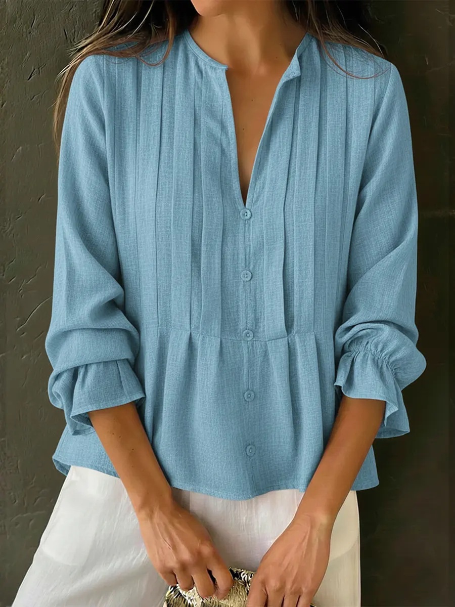 Women's V-neck Blouse Casual Long Sleeve Solid Colour Top For Spring_voghion.com