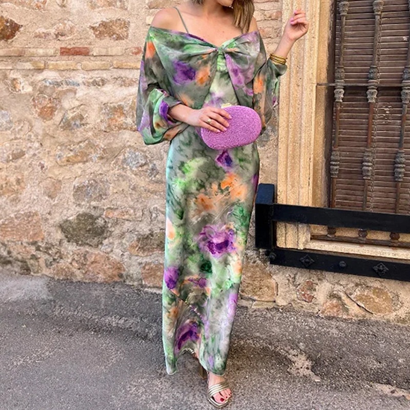 Conjunto vestido maxi mulher elegante ombros descobertos tie-dye_voghion.com