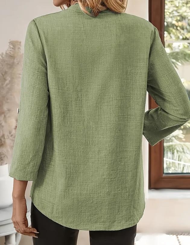 Women's Casual Loose V-neck Blouse Solid Color Plus Size Top_voghion.com