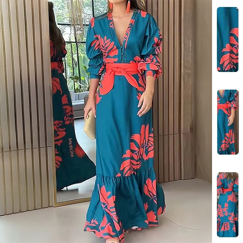 2026 Spring New Cross-Border European And American Women's Fashion Elegant Printed Versatile Long Dress With Tie-Waist_voghion.com