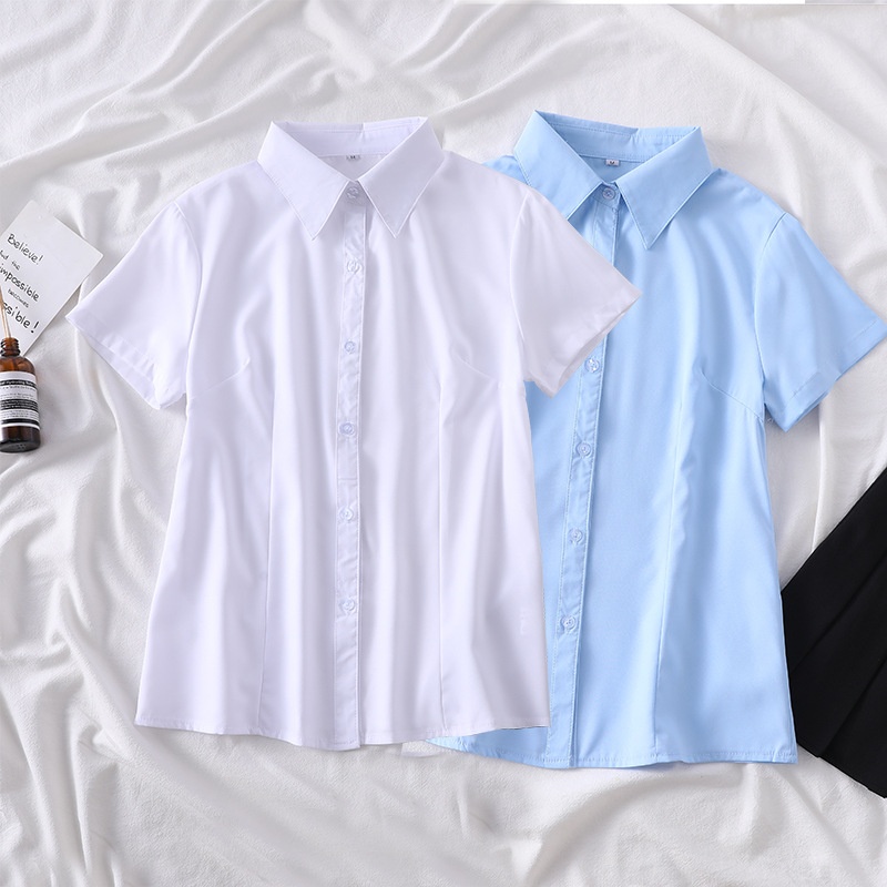 Nuova camicia bianca a maniche corte da donna per l'estate 2020, vestibilità aderente, abbigliamento professionale semplice da ufficio, top slim fit con colletto polo_voghion.com