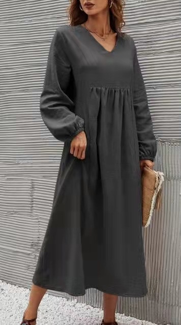 Damen Baumwoll Leinen Kleid Mit Laternärmeln Für Den Frühling_voghion.com
