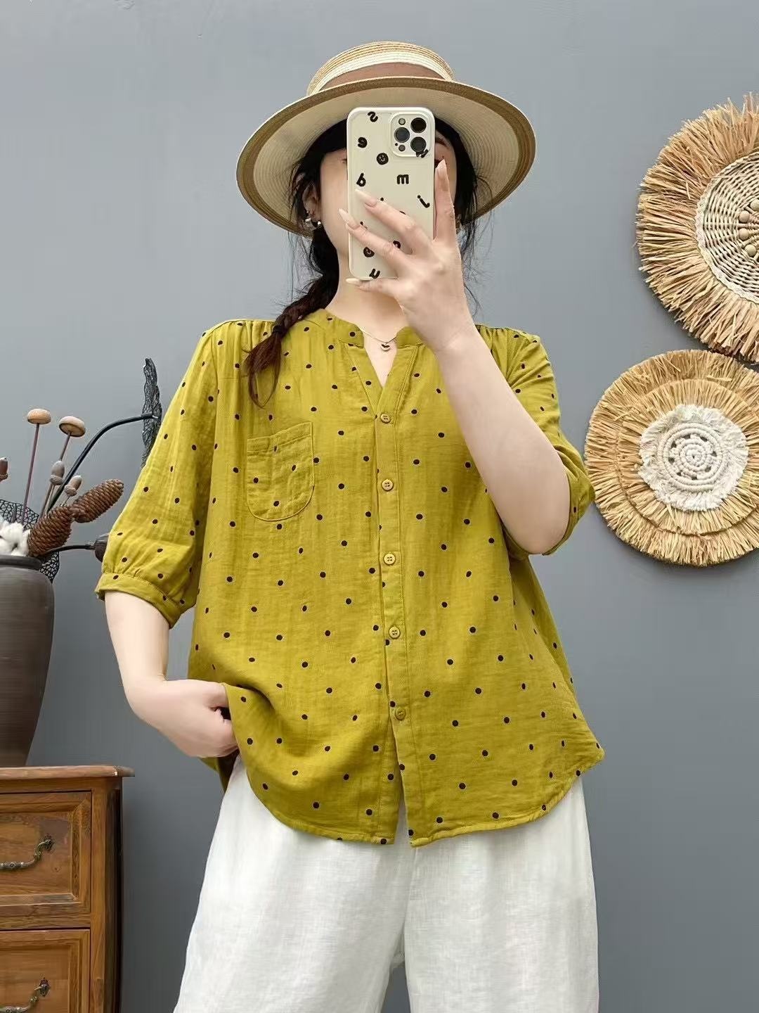 Elegant Women's Polka Dot V-neck Blouse Double-layer Gauze Top_voghion.com