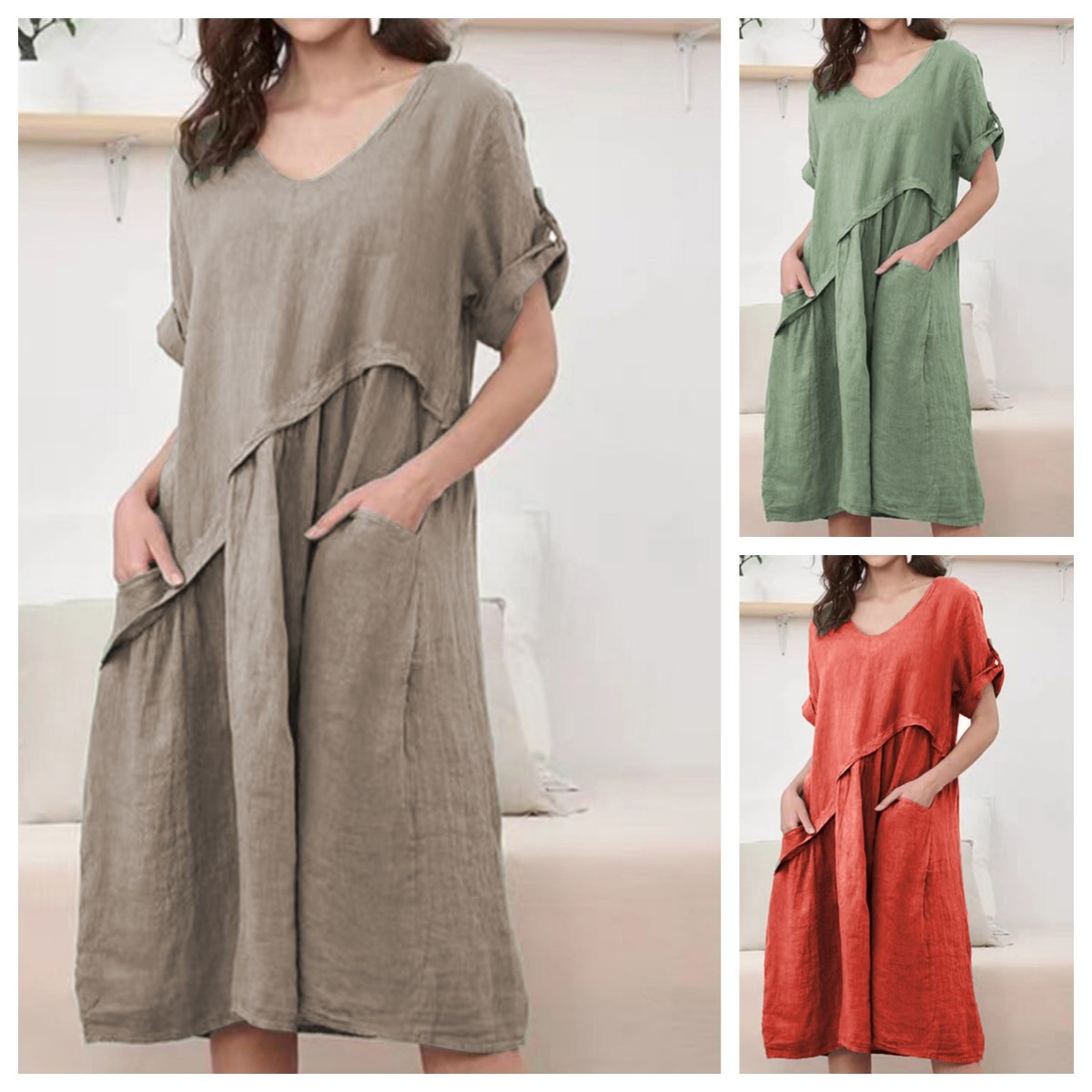 Wish, AliExpress, 2023 Cross-border European And American Women's Fashion New Short-sleeve Linen V-neck Pocket_voghion.com