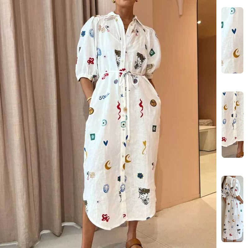 2026 Spring New European And American Women's Fashion Loose Printed Turn-Down Collar Tie Bubble Sleeve Shirt Long Dress_voghion.com