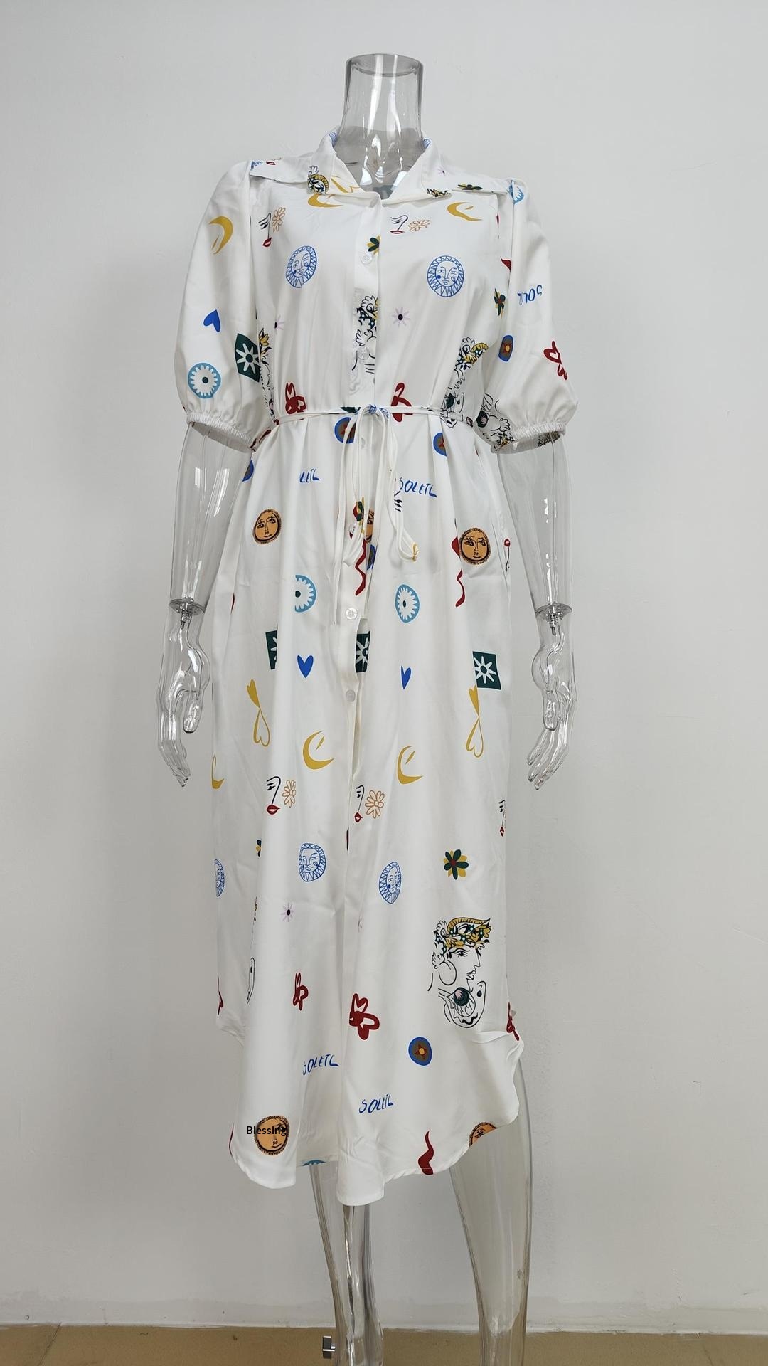 Women's Loose Printed Dress With Turn-down Collar And Bubble Sleeves_voghion.com