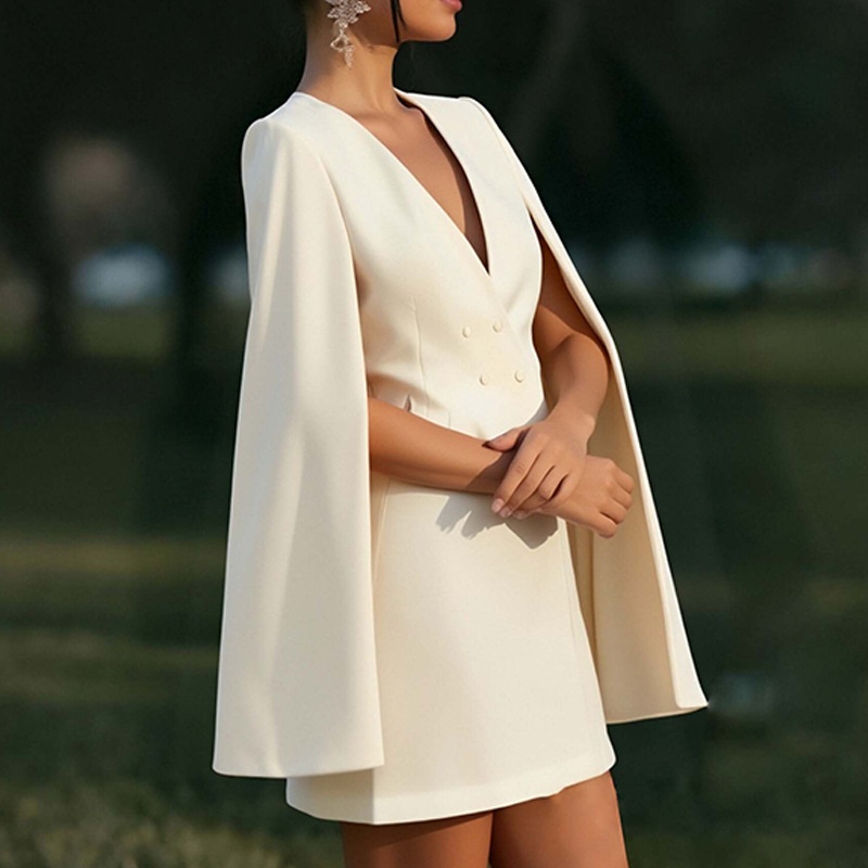 2026 Spring European And American Cross-Border Commuting Double-Breasted Shawl Cape Solid Color Suit Dress_voghion.com