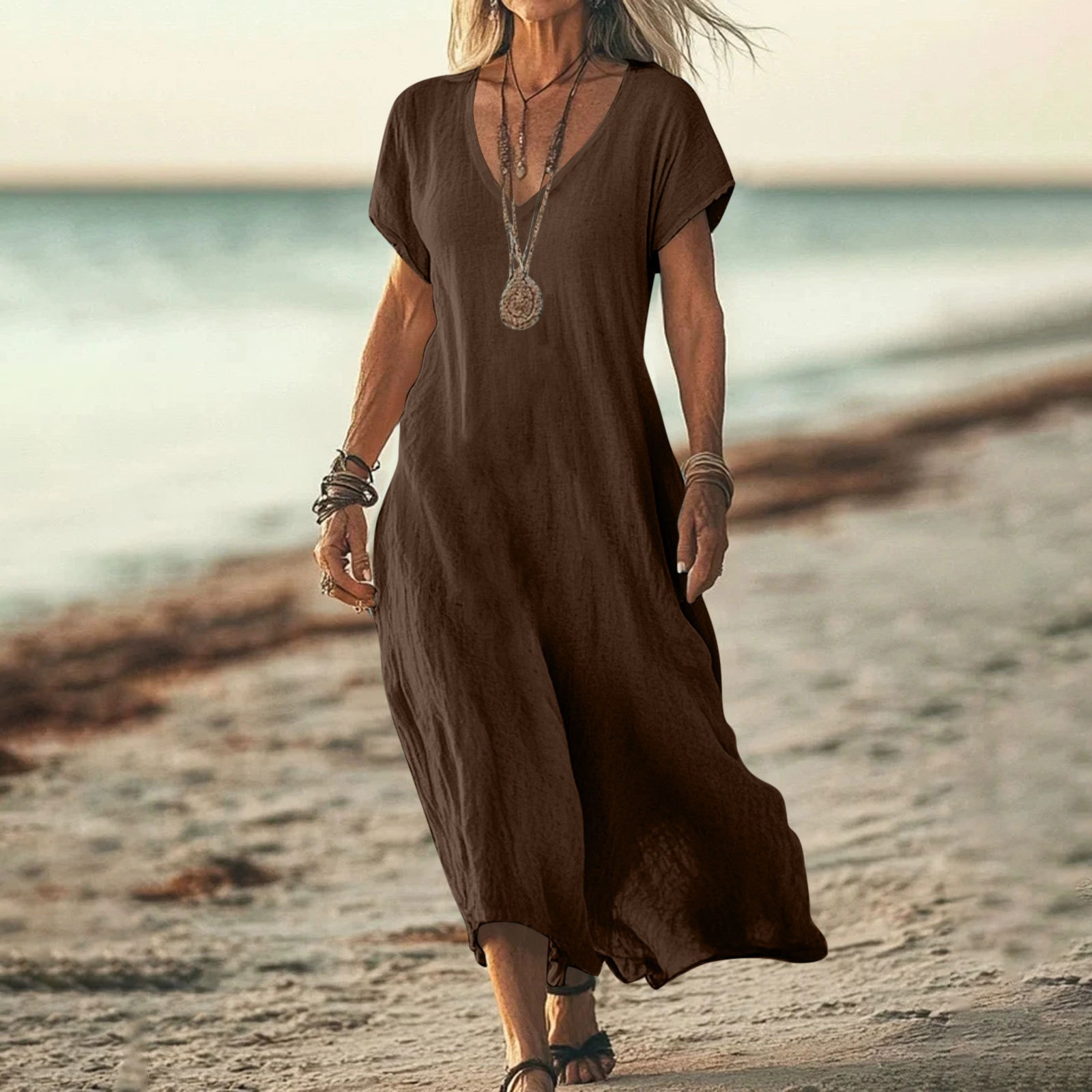 Damen Kleid Aus Baumwoll-leinen Mit V-ausschnitt Und Kurzen Ärmeln_voghion.com