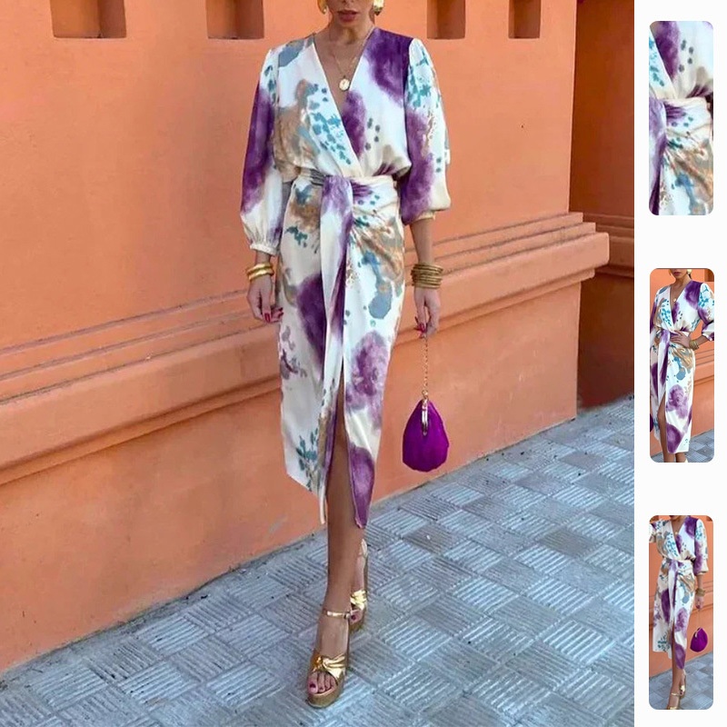 2026 Spring New Cross-Border European And American Women's Fashion Elegant Printed Unique V-Neck Long Sleeve Mid-Length_voghion.com