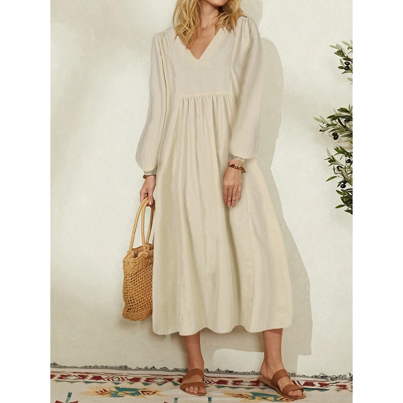 Foreign Trade Clothing 2022 Frühling Neue Mode Damen Baumwoll-Leinen Lockeres Laternenärmelkleid Europäisch Und_voghion.com