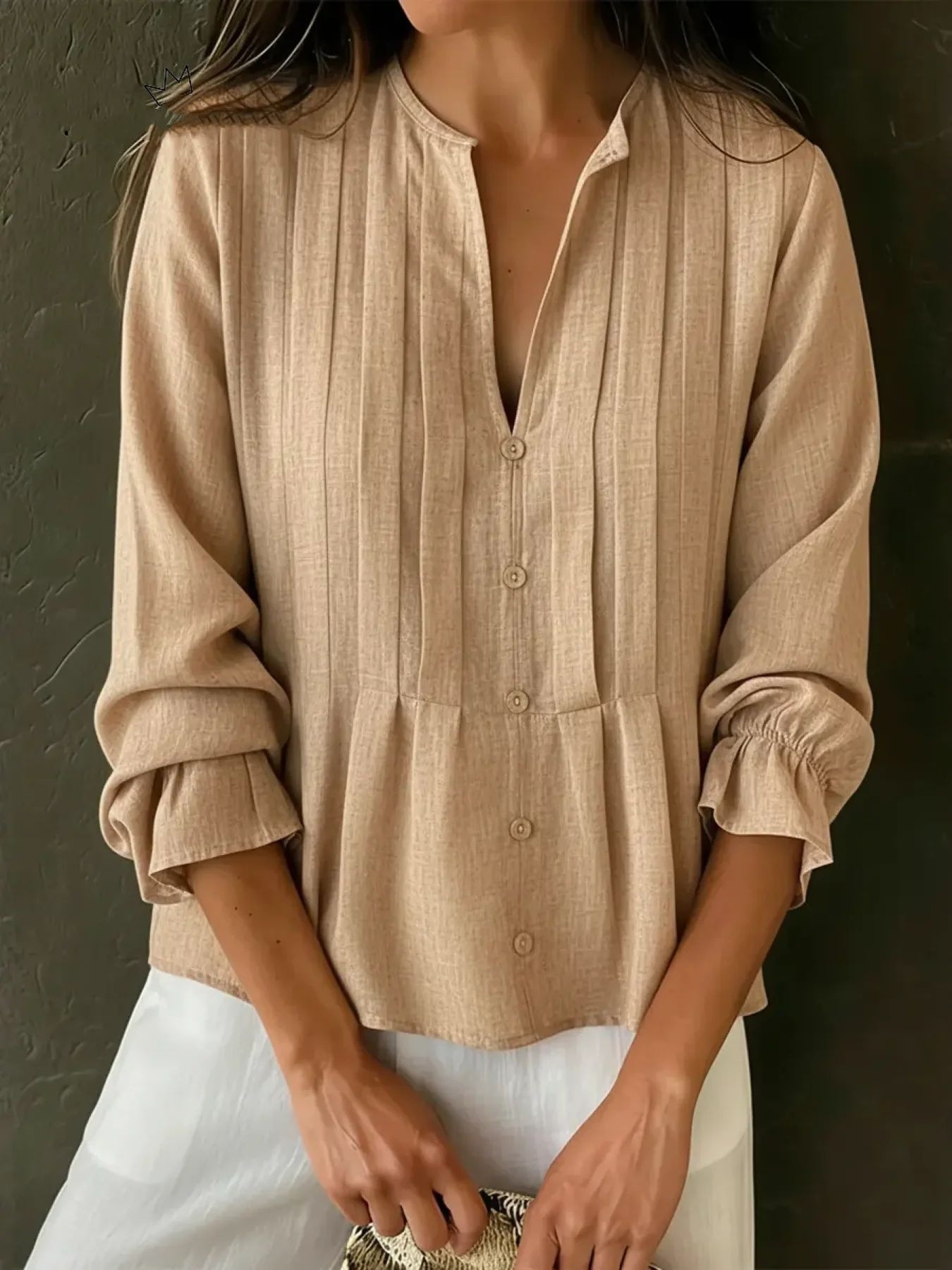 Women's V-neck Blouse Casual Long Sleeve Solid Colour Top For Spring_voghion.com