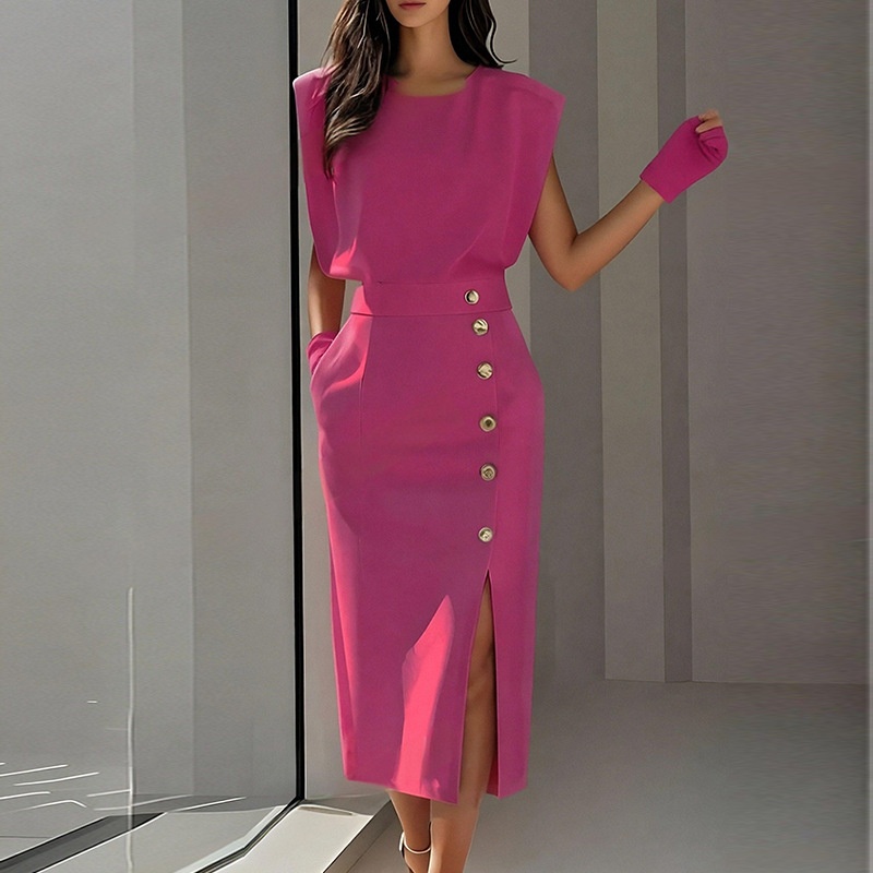 Elegant damklänning med slits och knappar i fransk stil_voghion.com