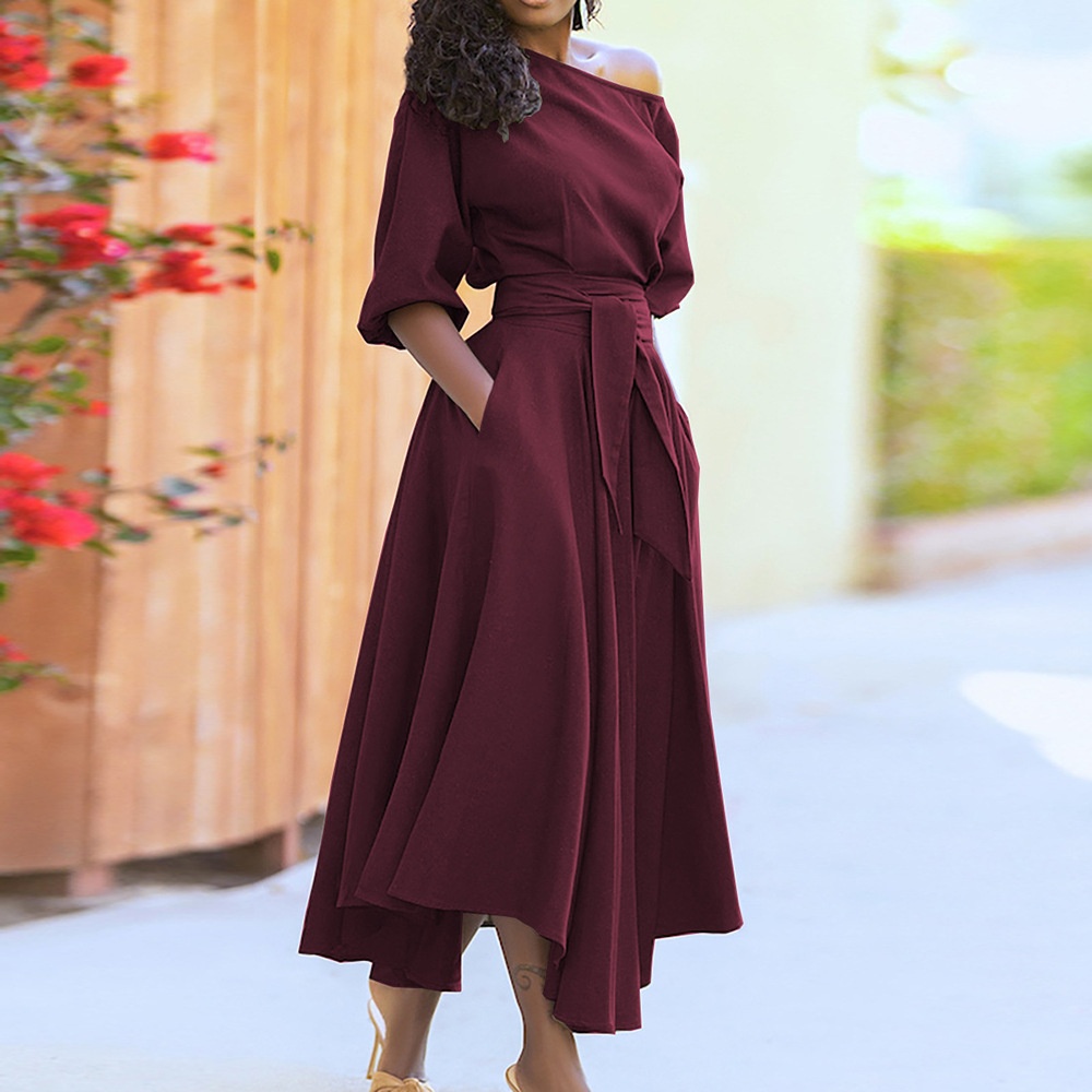 2026 Spring New Foreign Trade Wish European And American Women's Fashion Tie Waist Elegant Asymmetrical Shoulder_voghion.com