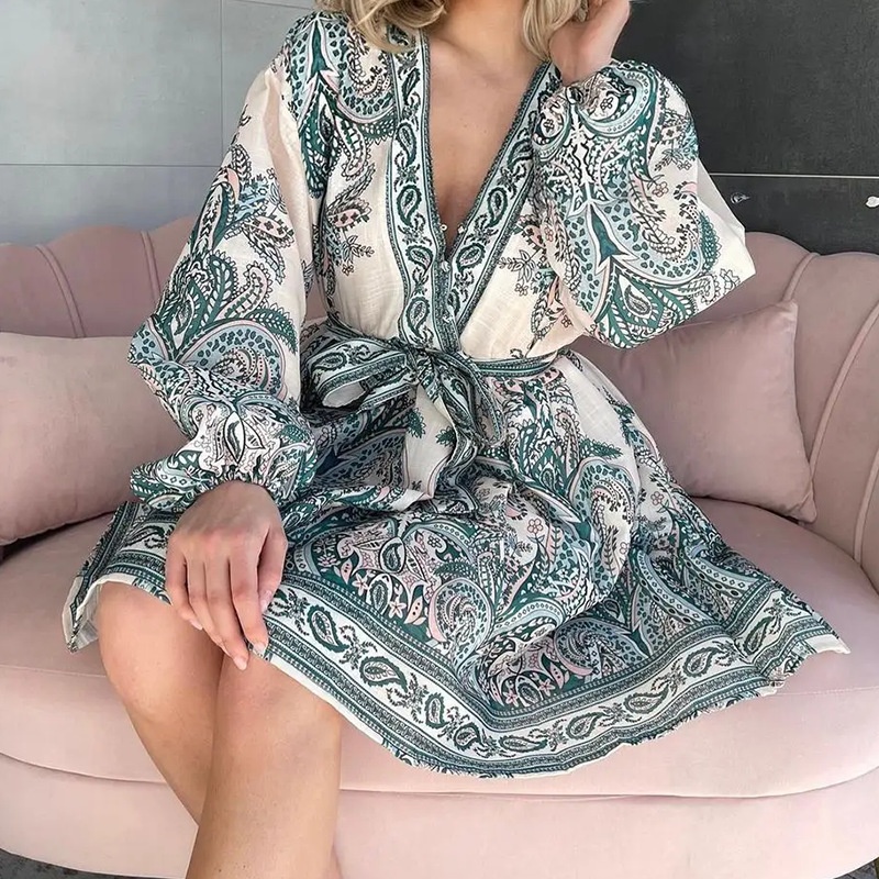 Elegantes Damen V-ausschnitt Kleid Mit Bindegürtel, Lose Passform_voghion.com