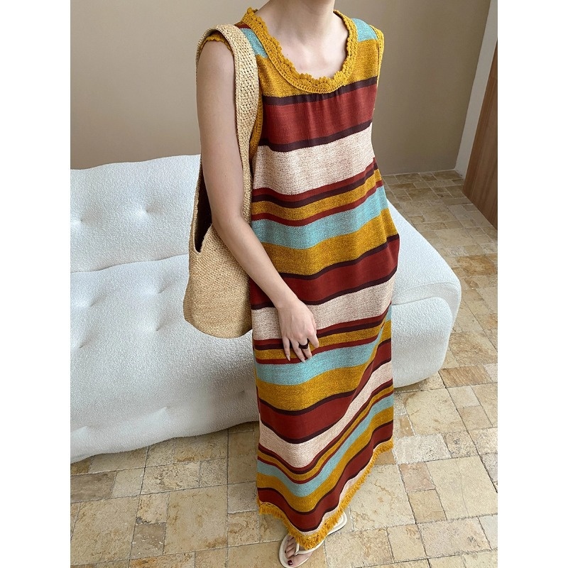 Sinan Lazy Vacation Style Tencel Linen Fringe Edge Round Neck Colorful Striped Tank Dress SN7698_voghion.com