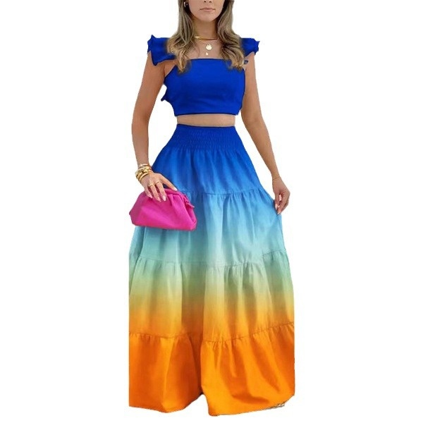 2026 Spring New European And American Cross-Border Wo's Solid Color Sexy Ruffle Strap Flared Skirt Fashion Set For_voghion.com