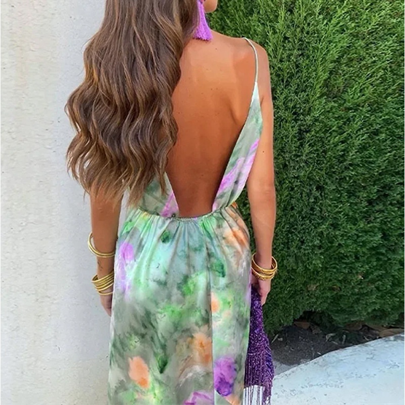 Conjunto de xale feminino elegante e sexy com alças estampadas tie-dye e ombros à mostra, modelo Spring New Europea Ad America 2026._voghion.com