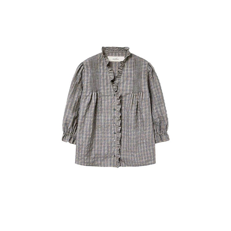 Nuova camicia invernale coreana H2025 Dongdaemun Vi*plain ampia retrò con scollo a V, volant e pieghe a quadri_voghion.com