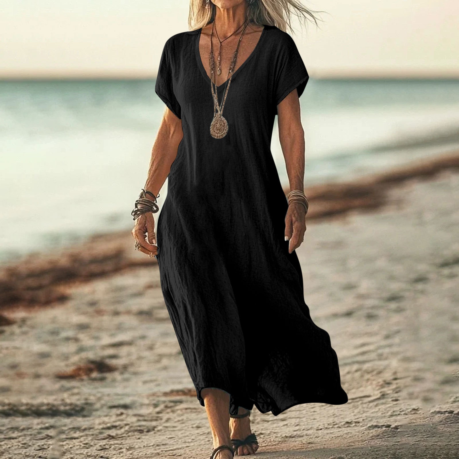 Damen Kleid Aus Baumwoll-leinen Mit V-ausschnitt Und Kurzen Ärmeln_voghion.com