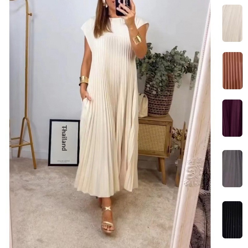 2026 Spring New Cross-Border European And American Women's Elegant Fashion Round Neck Sleeveless Pleated Long Dress_voghion.com
