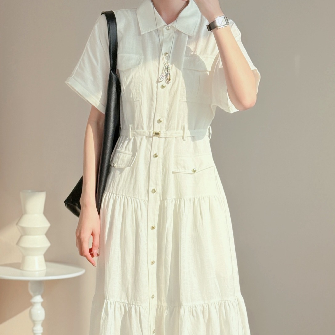 Original Design Clothing, Nanyou Summer New Style, French-style Linen Women's Dress With Belt, Shirt-style Dress_voghion.com