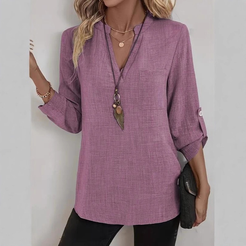 2025 Spring Summer European And American Cross-Border New Women's Casual Loose Plus Size V-Neck Solid Color Shirt_voghion.com