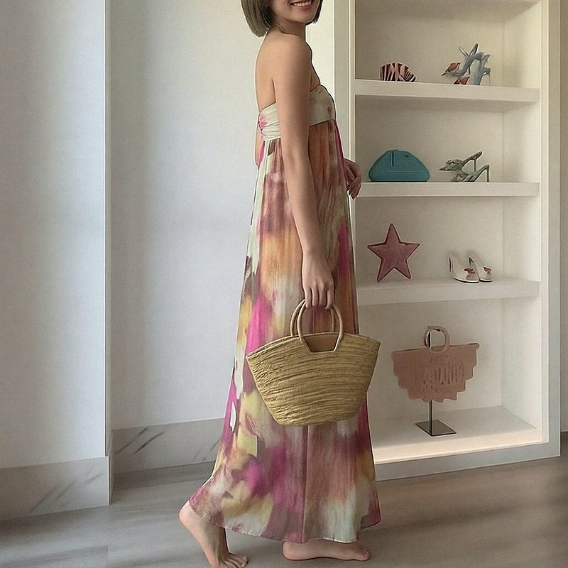 2026 Spring New Cross-Border European And American Women's Sexy Printed Strapless Elegant Commuting Fashion Long Dress_voghion.com